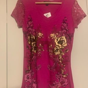 Deep pink blouse with beautiful gold and black design. Brand new with tags